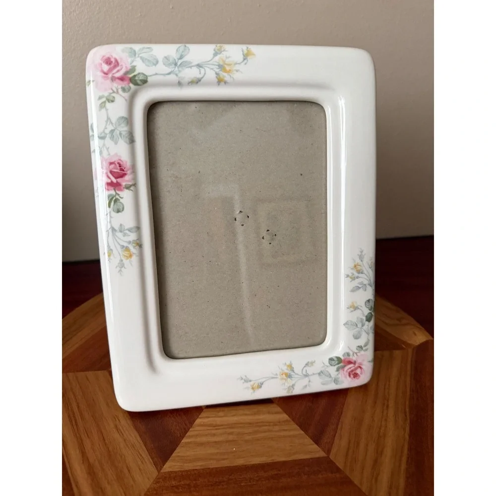 Floral Ceramic Picture Frame Pink Roses Yellow Wildflowers White Porcelain Style